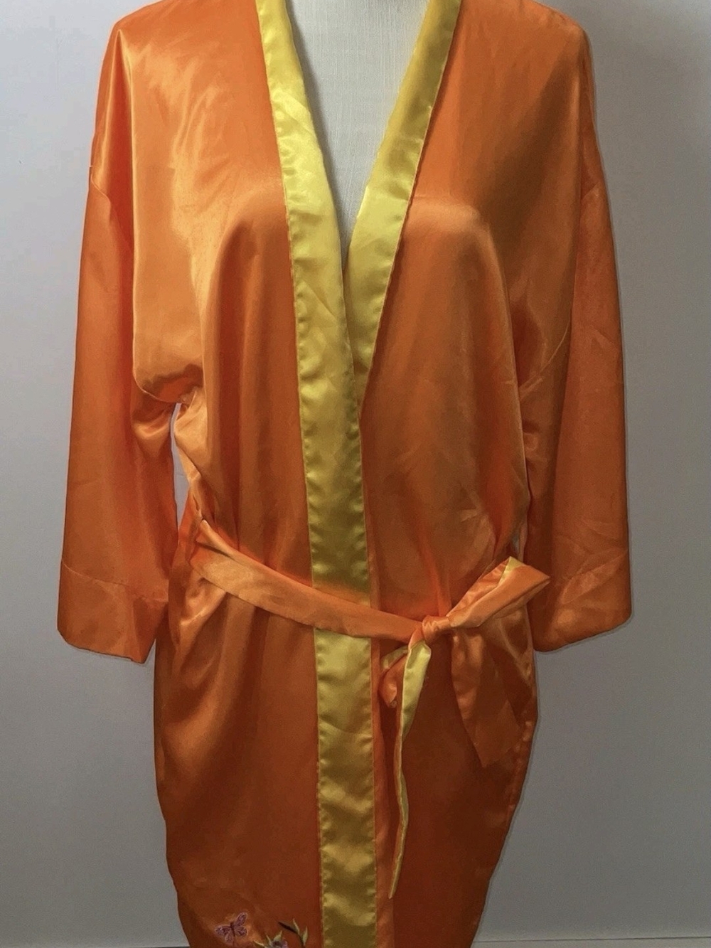 Avon Y2K Robe Kimono Satin Orange Embroidered Floral Butterflies Lounge Wear